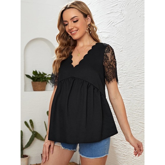 Maternity Eyelash Lace short Sleeve Scallop Trim Top black - Picture 5 of 5